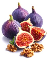 Grouping of whole and halved figs, their vibrant red pulp contrasting with dark skin, accompanied by shelled walnuts