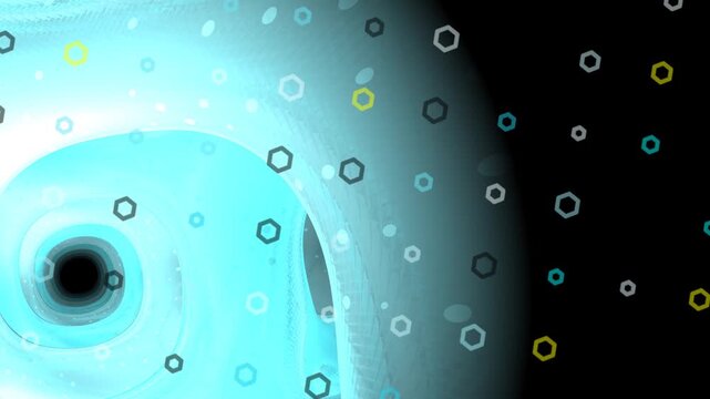 Abstract digital art featuring a swirling light blue vortex with numerous scattered hexagonal shapes against a dark background.