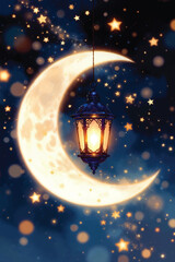 A bright vector illustration of a glowing lantern in the dark night sky with the moon and stars shining over a snowy winter world in the blue cosmos © MRIDUL