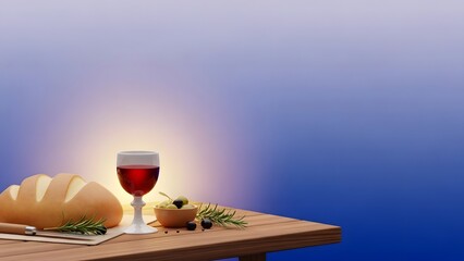 A still life composition featuring a loaf of bread, a glass of red wine, and a bowl of olives arranged on a wooden table with a soft gradient blue background and a subtle light flare