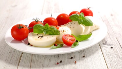 Fresh caprese salad, mozzarella and tomatoes, with basil garnish on a white plate, rustic table
