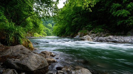 Vibrant river flowing swiftly through lush green forest canyon