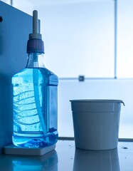 Hand sanitizer, blue liquid in a plastic dispenser, stands next to a white container on a reflective surface