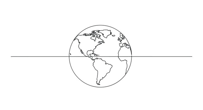 Stylized hand drawn sketch of planet earth with continents visible divided by a horizontal line representing the equator or a global divide