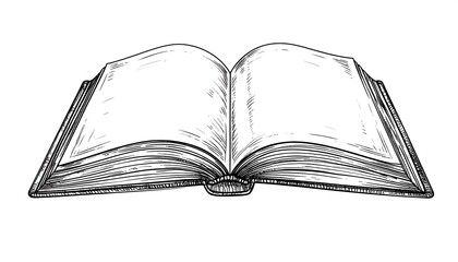 Black and white illustration of an open book with blank pages