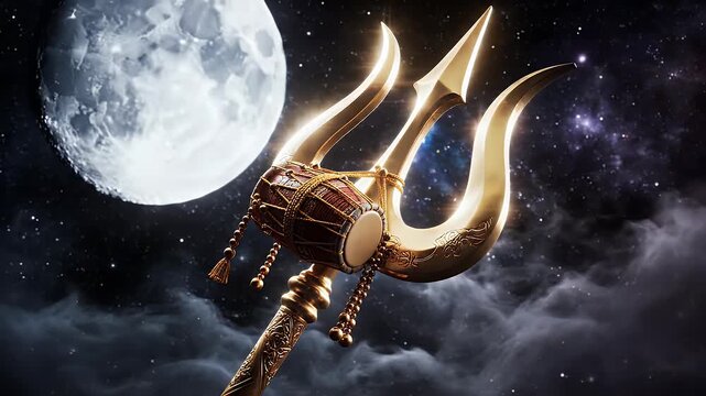 maha shivratri golden trishul trident and damru drum dark mystical void