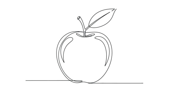 Minimalist single line drawing of a fresh apple with a single leaf and stem on a clean white background symbolizing healthy eating and natural ingredients
