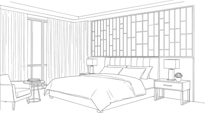 Detailed line art perspective of a modern bedroom interior featuring a king size bed bedside tables and armchair