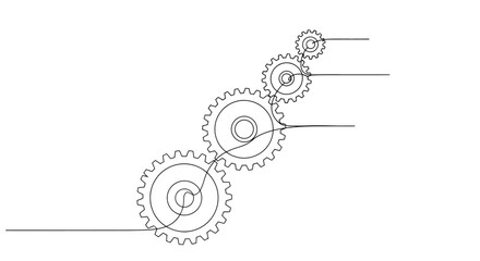 Abstract sketch of interlocking gears in a line representing teamwork progress and mechanical engineering concepts on a white background