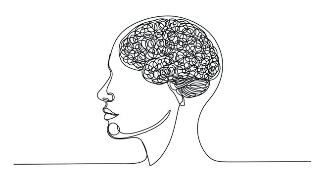 Abstract continuous line drawing of a human head profile with a chaotic scribbled brain inside representing complex thoughts and mental processes