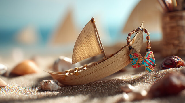 Paraw Regatta Festival in Iloilo City Villa Beach Guimaras Philippines with Sailing Boat and Decorative Items on Sandy Shore