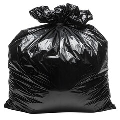 Gleaming black trash bag tied at the top, filled and ready for disposal, on a stark white background