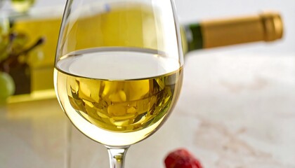 Glass of white wine with bottle, grapes, and strawberry on marble-like surface