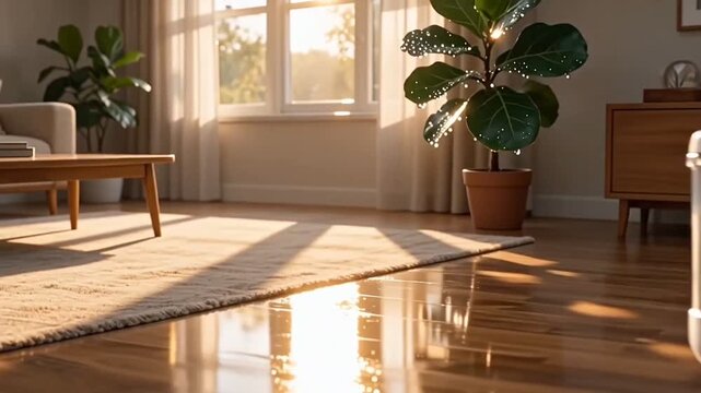 Surreal Cute AI Robot Vacuum Cleaning Living Room with Face
