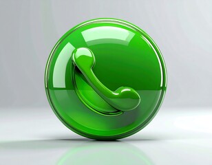 Glossy green call icon a smooth, shiny phone receiver shape in a circle, casting soft shadows on a light backdrop