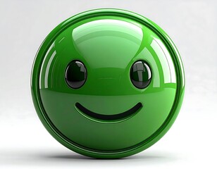 Glossy, round, green smiley face with wide, dark eyes and simple curved mouth on a white background