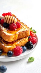 Golden French toast stacks adorned with fresh berries and drizzled with honey on a white plate against a white backdrop