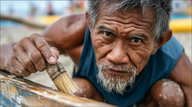 Paraw Regatta Festival in Iloilo City Villa Beach Guimaras Philippines man painting boat enthusiastically outdoors