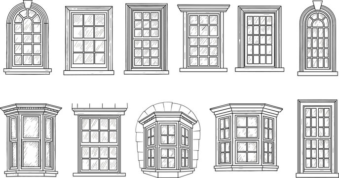Comprehensive line art set of architectural window designs featuring classic arched bay and modern multi-pane frame styles