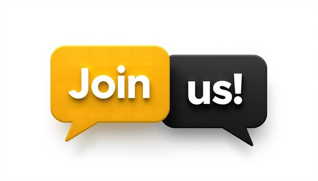 A colorful graphic with speech bubbles inviting people to join a community or event