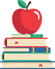 Red apple on stack of colorful books for education school learning teacher appreciation and academic success concept vector.