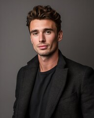 Fototapeta premium A male startup founder with a modern look, light makeup, and an intelligent, trendy appearance.