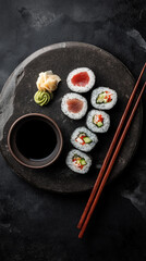 Assorted sushi rolls with soy sauce and chopsticks