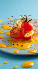 Tomato and cheese with yellow sauce garnish