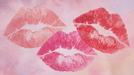 Three colorful lipstick kiss prints on textured background