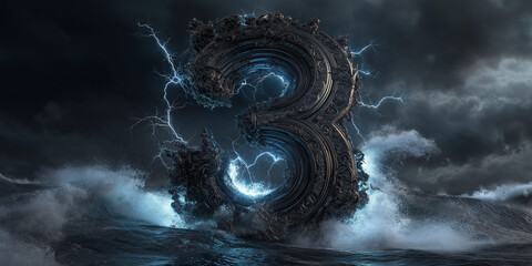 Ornate number 3 with lightning and ocean waves