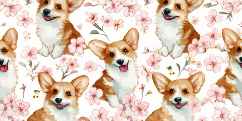 Watercolor Corgi Dog and Pink Flowers Pattern