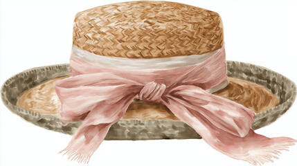 Straw hat with pink ribbon bow