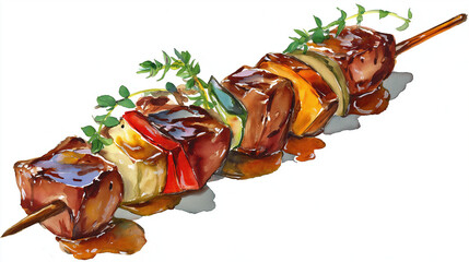 Watercolor painting of grilled meat kebab with vegetables