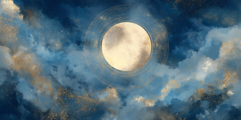 Full moon with golden cosmic clouds