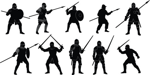 Obraz premium Ten medieval warrior silhouettes in combat poses, black illustration, armor and weapon design, historical battle concept, knight art