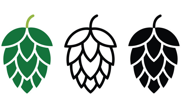 Minimal Hop Cone Icon Set &ndash; Green, Outline and Solid Leaf Symbol