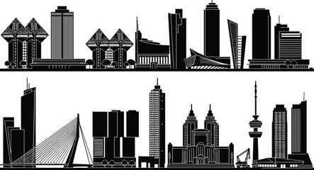 Comprehensive set of modern city skyline silhouettes with diverse skyscraper designs and contemporary urban architecture for commercial use