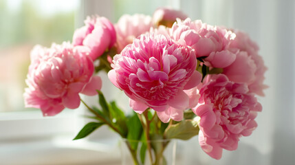 Fototapeta premium A beautiful bouquet of pink peonies in a clear glass vase on a windowsill