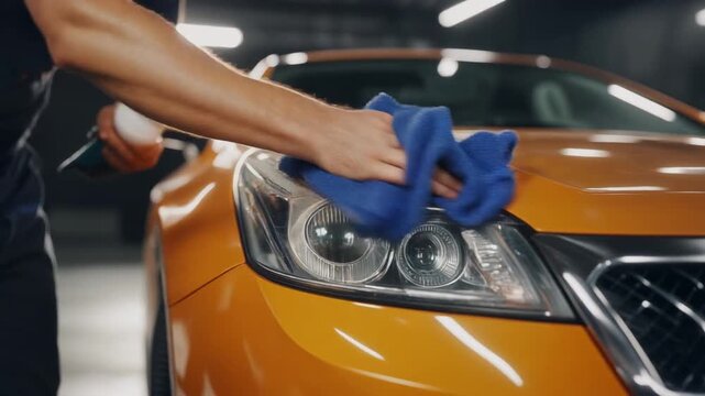 Professional detailer meticulously cleaning a car headlight with a microfiber cloth for a sparkling finish and enhanced clarity