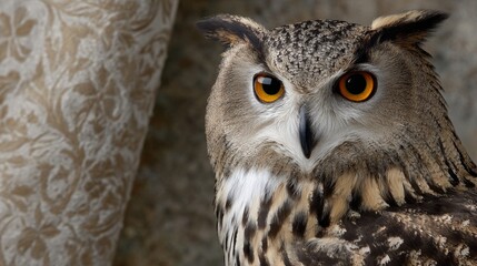 Fototapeta premium Majestic Great Horned Owl Portrait with Striking Orange Eyes on Vintage Fabric Background.