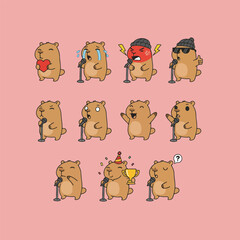 Cute Cartoon capybara singing or stand up comedy Emotes Collection