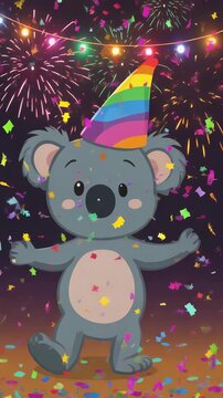 koala in cartoon style wearing a rainbow-colored party hat, happily dancing as