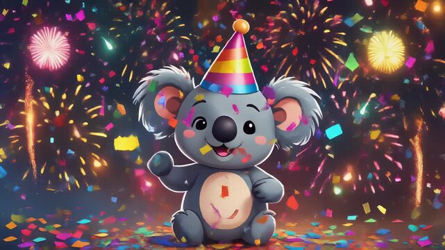 koala in cartoon style wearing a rainbow-colored party hat, happily dancing as