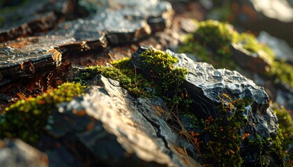 Obraz premium Moss covered ancient tree bark texture with sunlight and shadows in forest nature