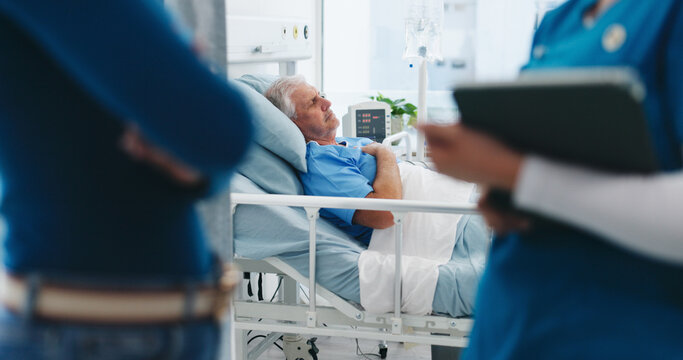 Medical, recovery and senior man in hospital bed for post operation healing or treatment. Healthcare, sick and sleeping with old person in ward of clinic for medicare or rehabilitation as patient