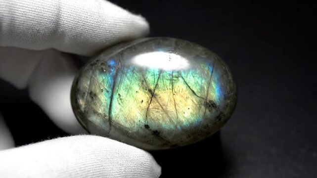 Hand holding polished labradorite gemstone with iridescent colors.
