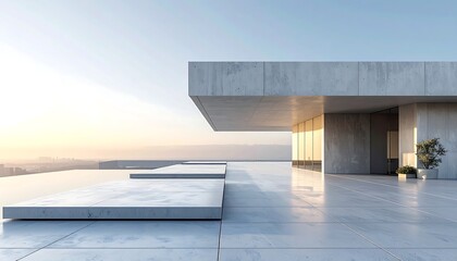 Obraz premium Modern minimalist concrete building with sleek design and plant at sunrise