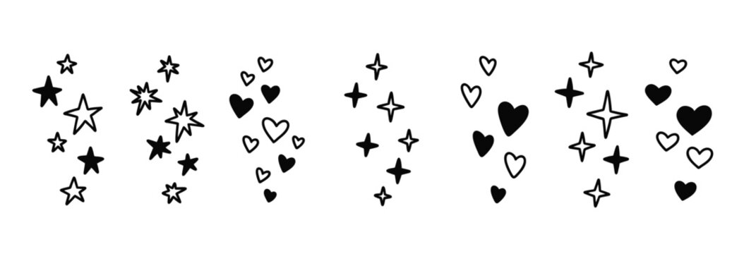 Hand drawn like reaction for live stream, blog, comment, social media post. Handwriting hearts, stars, twinkle, sparks, glitter. Doodle vector illustration. Crayon scribble