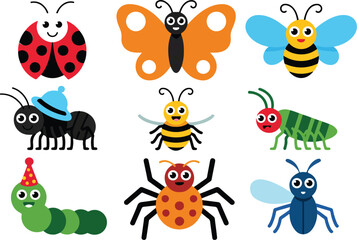 Naklejka premium Cute Bug Character Outline Icon Set Ladybug, Butterfly, Bee, Ant, Grasshopper, Spider, Fly, and Party Caterpillar
