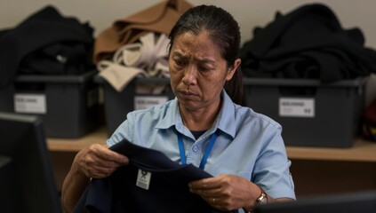 Fototapeta premium Woman with worried expression examining dark blue clothing item with tag